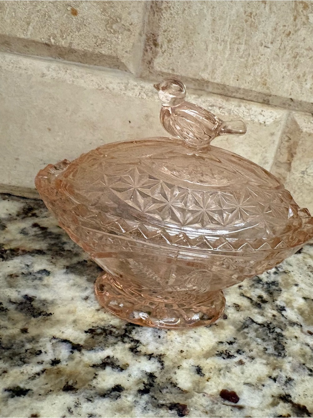 Pressed Glass Covered Candy Dish with Pink Bird Finial